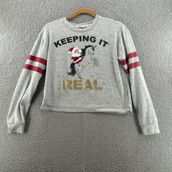 WallFlower Women's "Keeping It Real" Santa Unicorn Grey Cropped Sweatshirt M - Picture 1 of 7